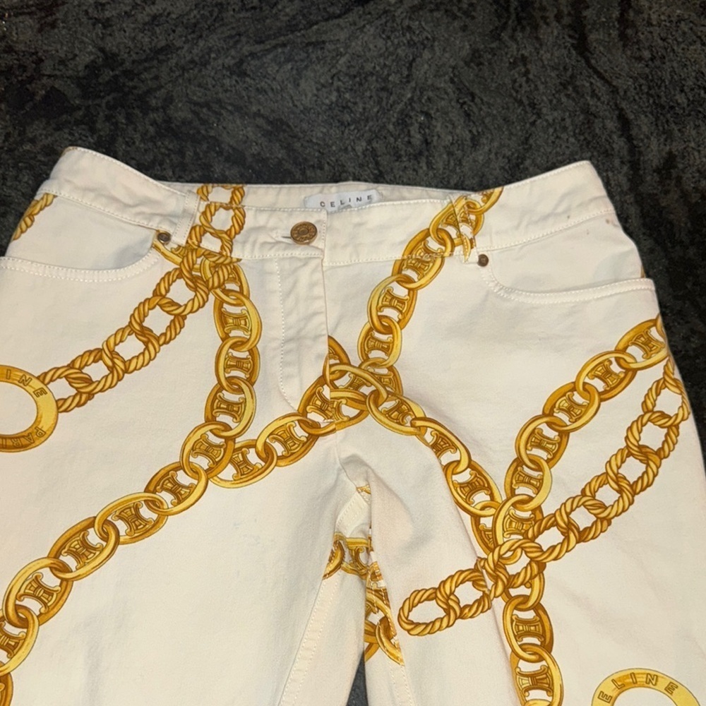 CELINE White and Gold Chain Print Women's CAPRI Jeans - Picture 4 of 16